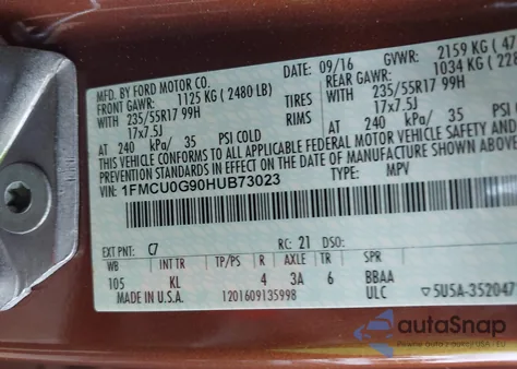 2017 Ford Escape Se from USA, damaged, VIN 1FMCU0G90HUB73023